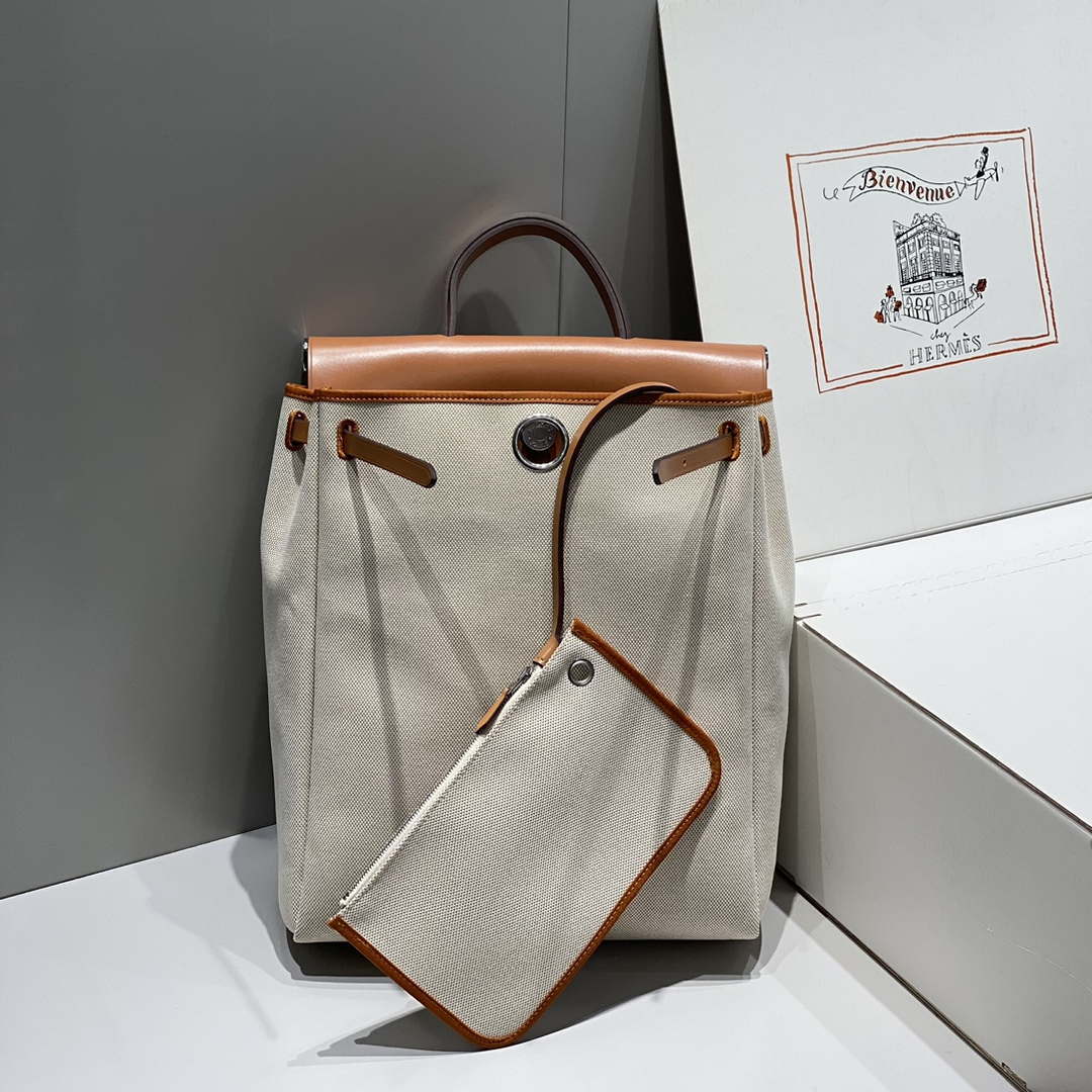 Hermes H084076CKAD A Dos Zip Retourne Herbag Backpack Toile Vache Hunter Ebene H60065
