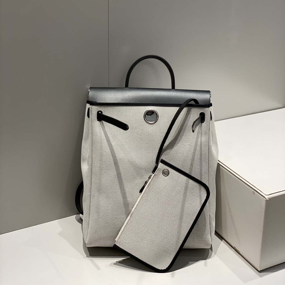 Hermes H084076CKAD A Dos Zip Retourne Herbag Backpack Toile Vache Hunter Ebene H60066