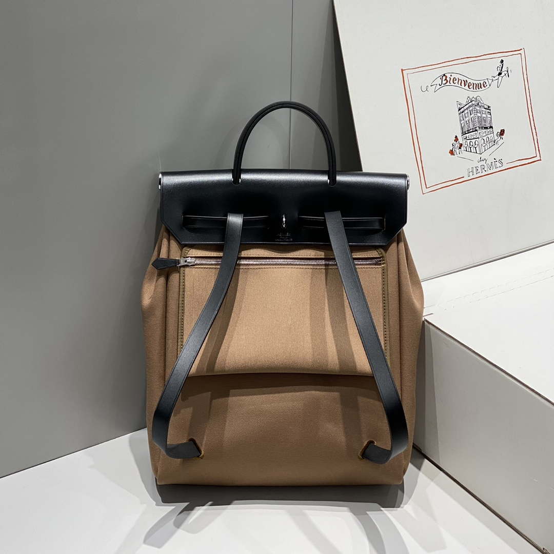 Hermes H084076CKAD A Dos Zip Retourne Herbag Backpack Toile Vache Hunter Ebene H60067 - Default Title - View 2