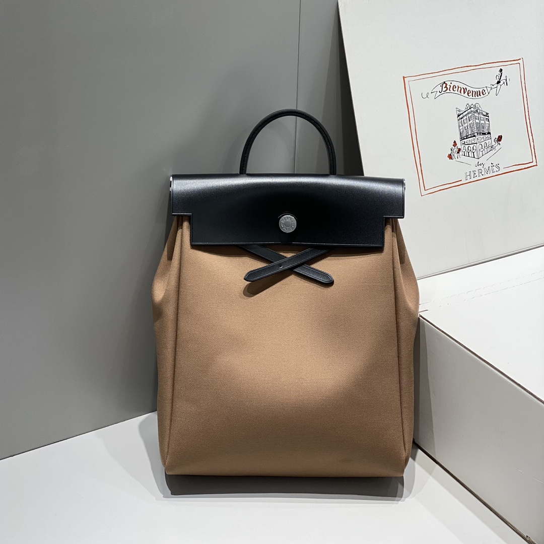 Hermes H084076CKAD A Dos Zip Retourne Herbag Backpack Toile Vache Hunter Ebene H60067 - Default Title - View 3