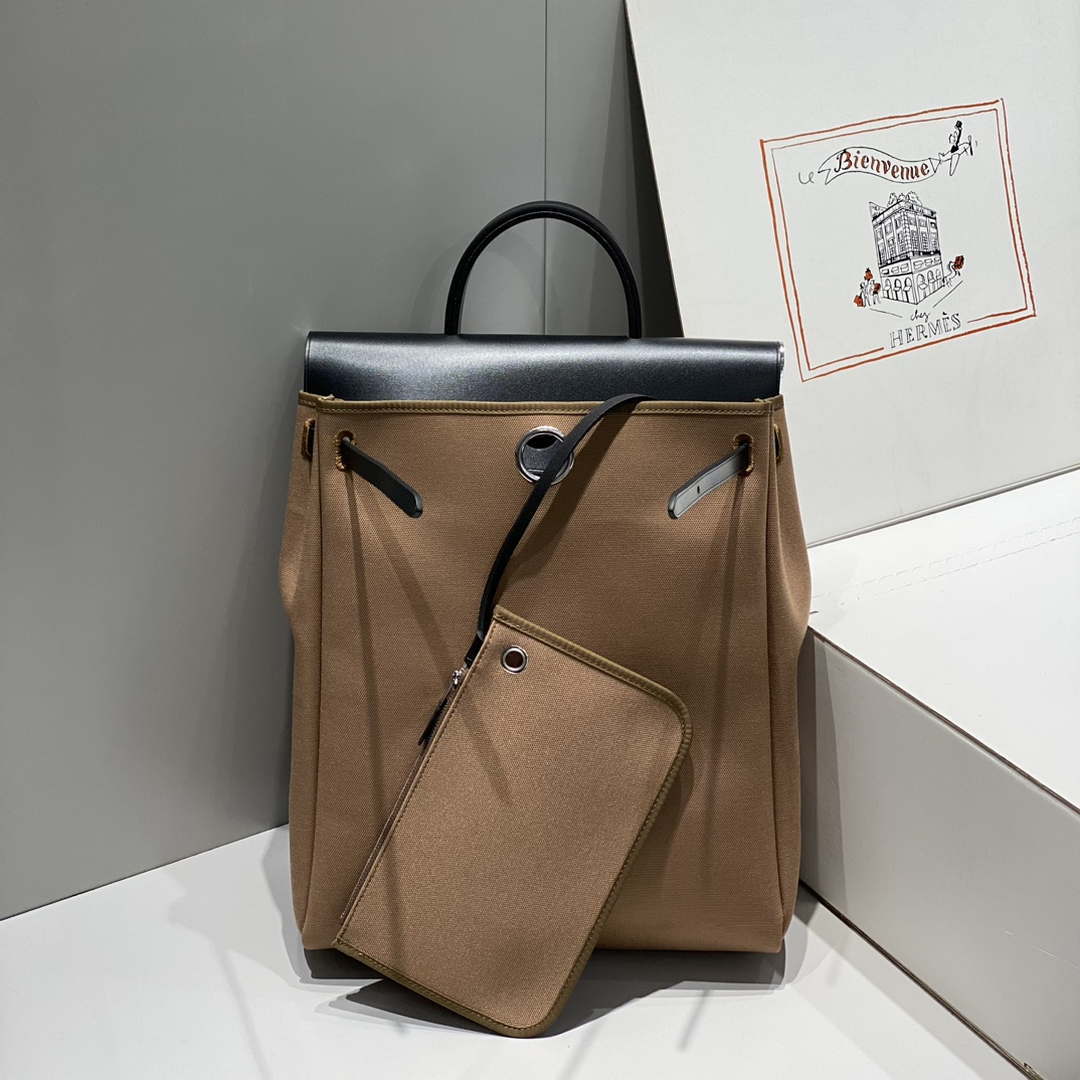 Hermes H084076CKAD A Dos Zip Retourne Herbag Backpack Toile Vache Hunter Ebene H60067 - Default Title - View 4