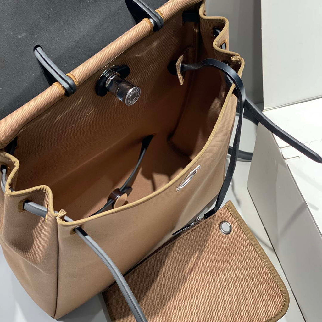 Hermes H084076CKAD A Dos Zip Retourne Herbag Backpack Toile Vache Hunter Ebene H60067
