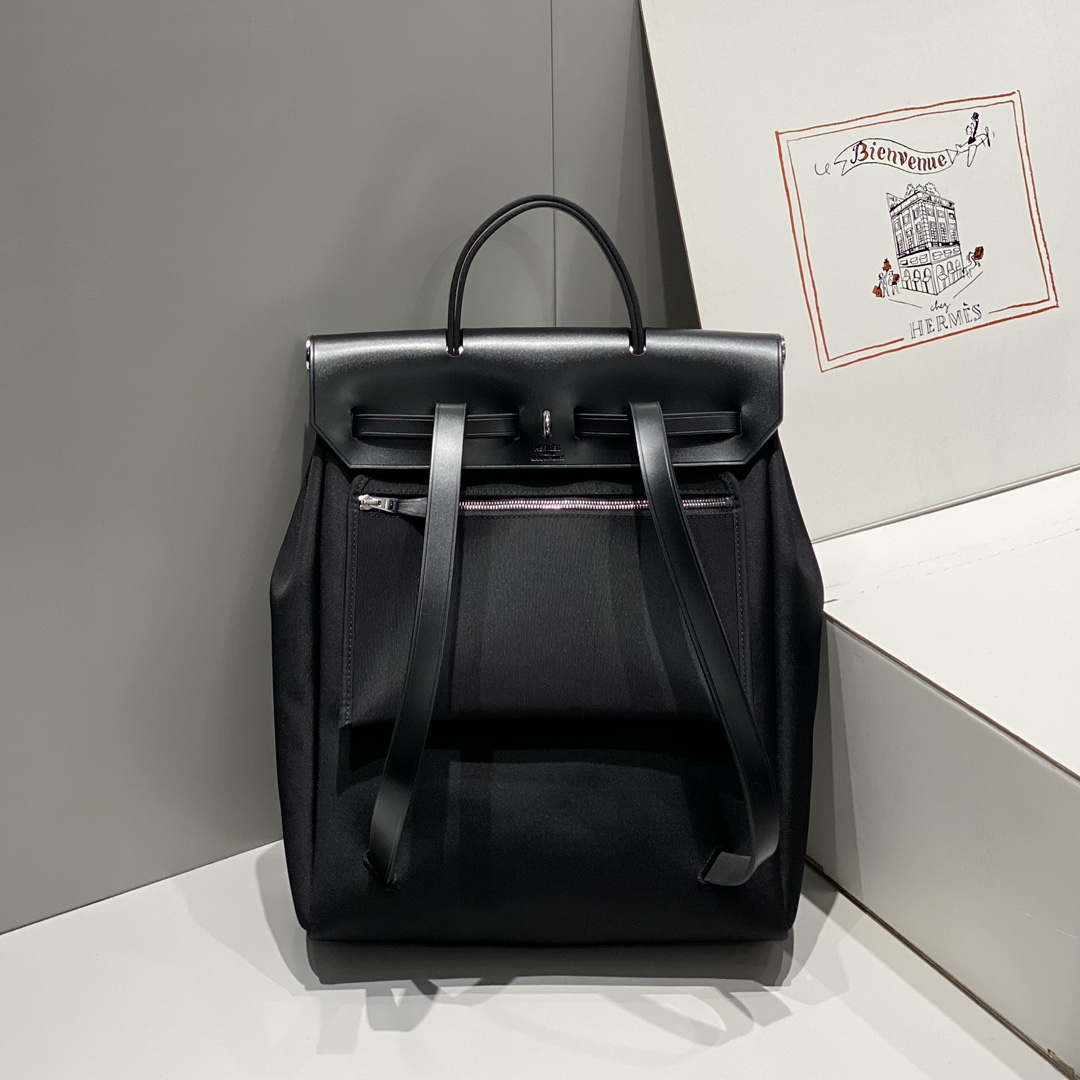 Hermes H084076CKAD A Dos Zip Retourne Herbag Backpack Toile Vache Hunter Ebene H60068