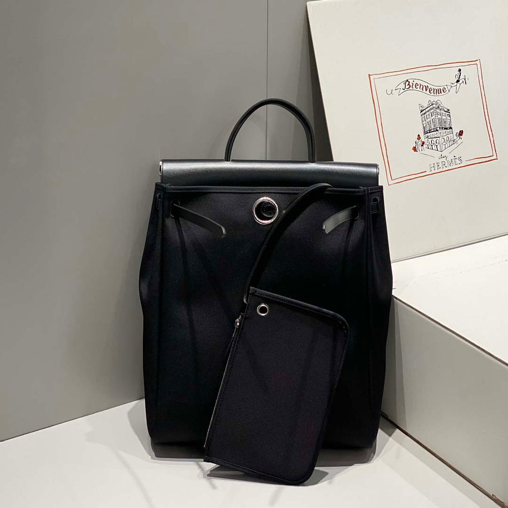 Hermes H084076CKAD A Dos Zip Retourne Herbag Backpack Toile Vache Hunter Ebene H60068