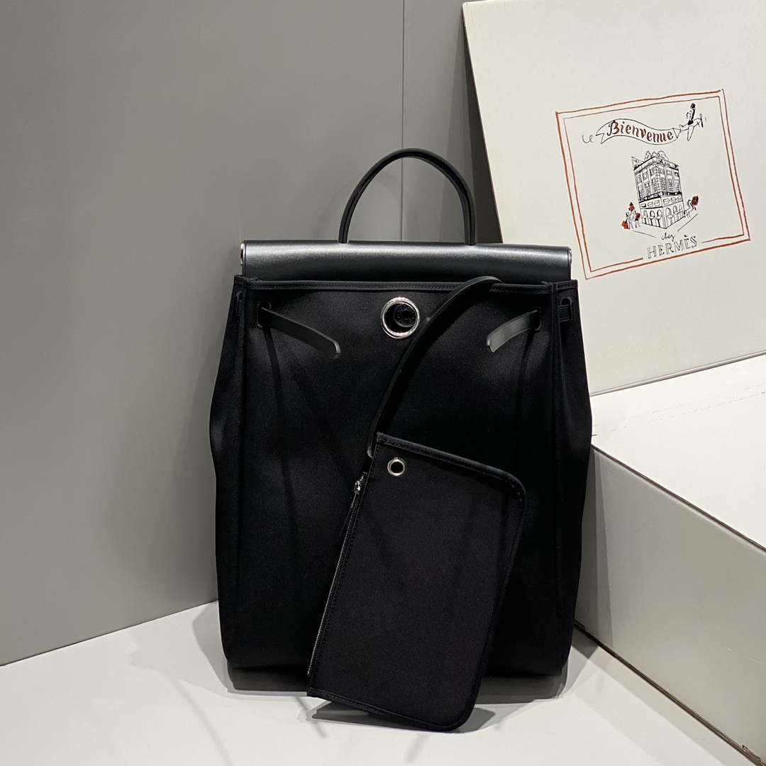 Hermes H084076CKAD A Dos Zip Retourne Herbag Backpack Toile Vache Hunter Ebene H60068