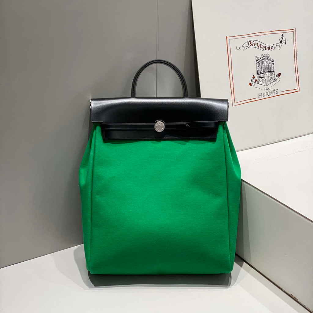 Hermes H084076CKAD A Dos Zip Retourne Herbag Backpack Toile Vache Hunter Ebene H60069