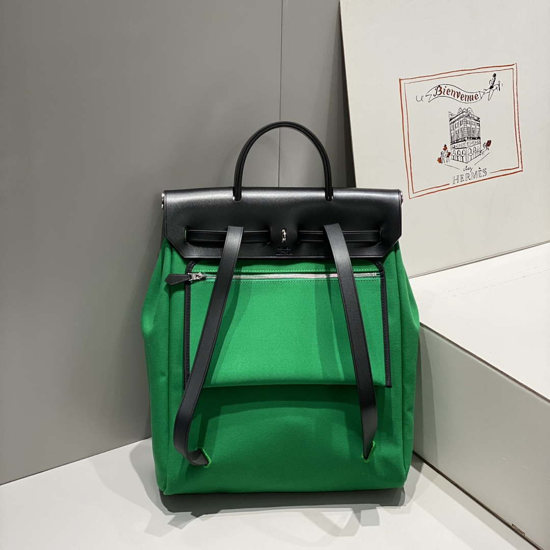 Hermes H084076CKAD A Dos Zip Retourne Herbag Backpack Toile Vache Hunter Ebene H60069