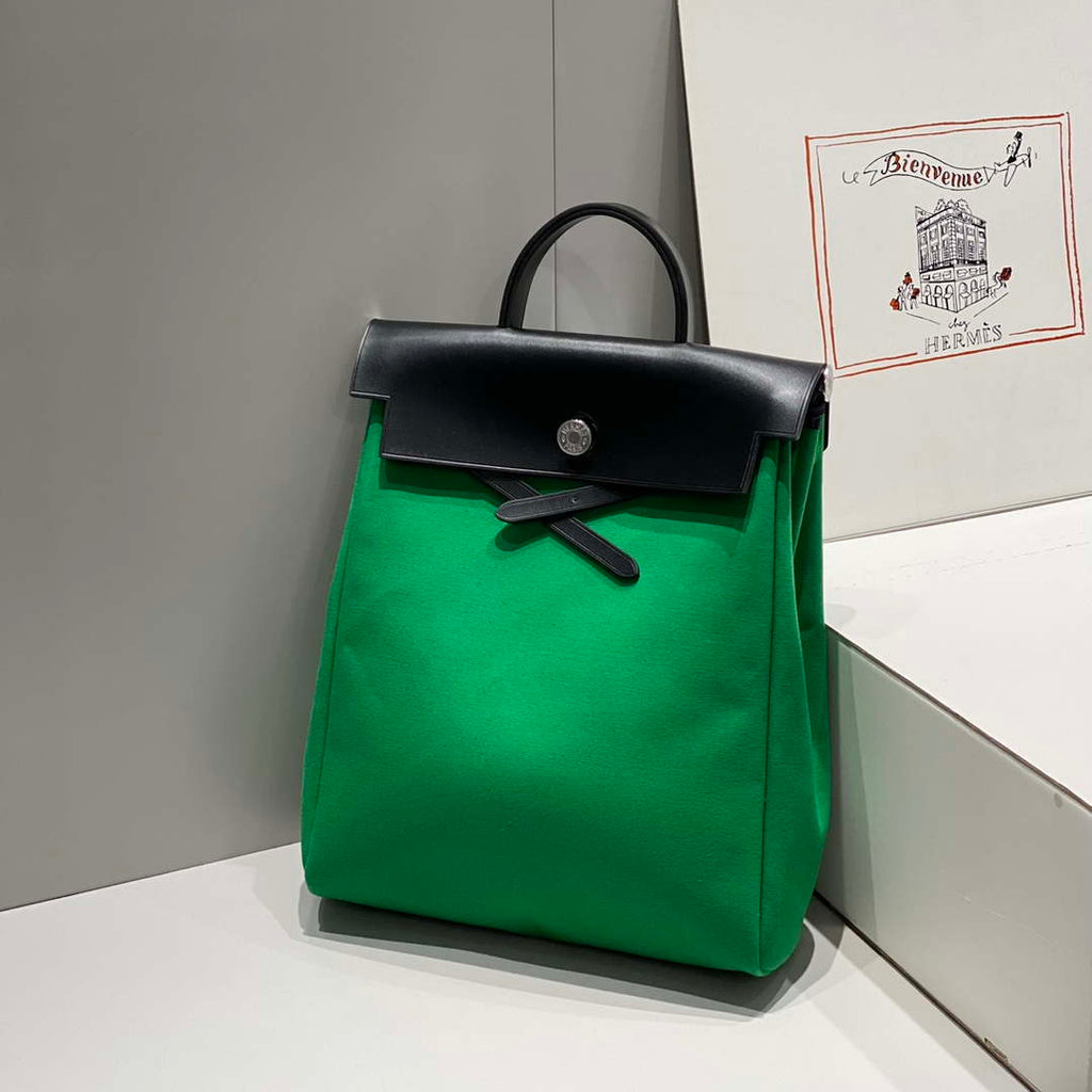 Hermes H084076CKAD A Dos Zip Retourne Herbag Backpack Toile Vache Hunter Ebene H60069