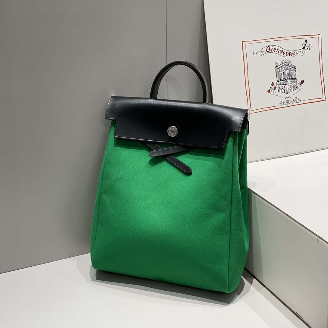 Hermes H084076CKAD A Dos Zip Retourne Herbag Backpack Toile Vache Hunter Ebene H60069