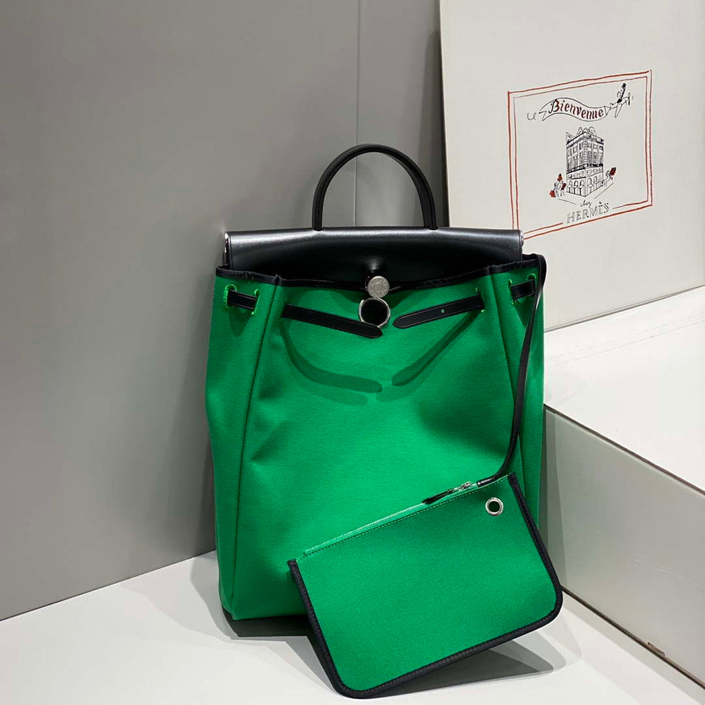 Hermes H084076CKAD A Dos Zip Retourne Herbag Backpack Toile Vache Hunter Ebene H60069