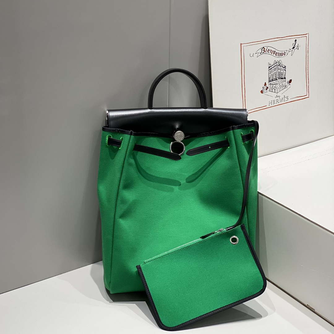 Hermes H084076CKAD A Dos Zip Retourne Herbag Backpack Toile Vache Hunter Ebene H60069 - Default Title - View 4