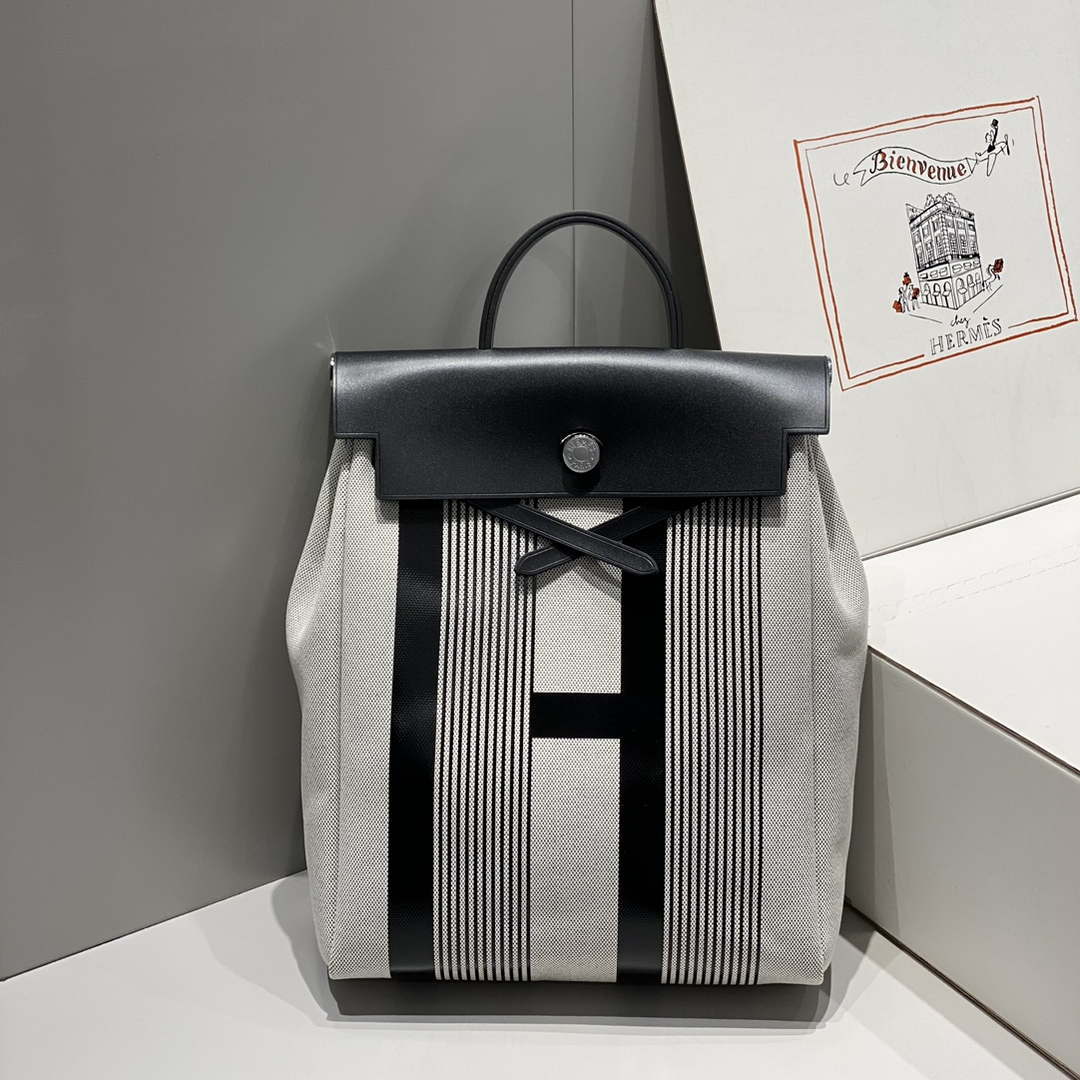 Hermes H084076CKAD A Dos Zip Retourne Herbag Backpack Toile Vache Hunter Ebene H60070