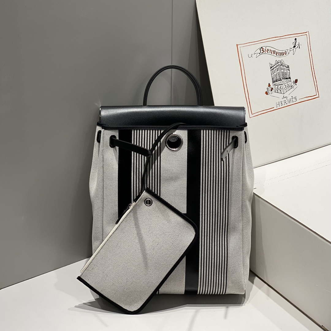 Hermes H084076CKAD A Dos Zip Retourne Herbag Backpack Toile Vache Hunter Ebene H60070