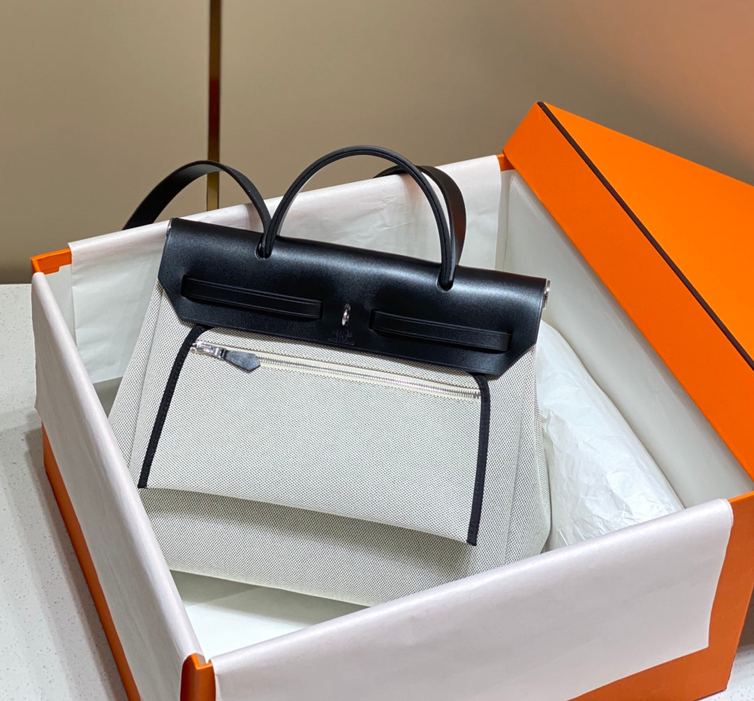 Hermes H084076CKAD Herbag Zip 31 Bag in Black Hunter Leather and Canvas H60045 - Default Title - View 2