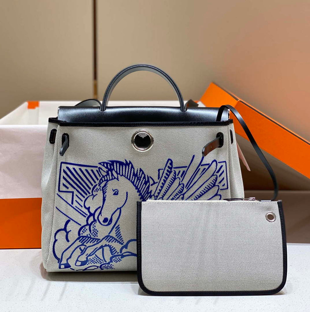 Hermes H084076CKAD Herbag Zip 31 Bag in Black Hunter Leather and Canvas H60045