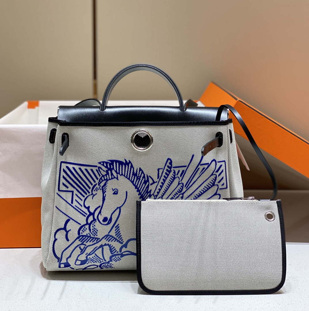 Hermes H084076CKAD Herbag Zip 31 Bag in Black Hunter Leather and Canvas H60045