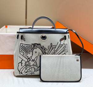 Hermes H084076CKAD Herbag Zip 31 Bag in Black Hunter Leather and Canvas H60046 - Default Title - View 3
