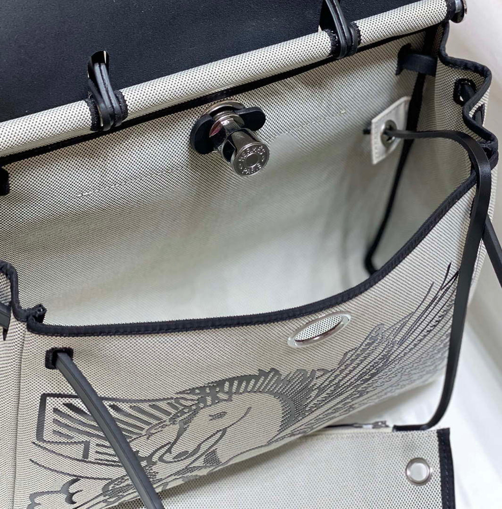 Hermes H084076CKAD Herbag Zip 31 Bag in Black Hunter Leather and Canvas H60046