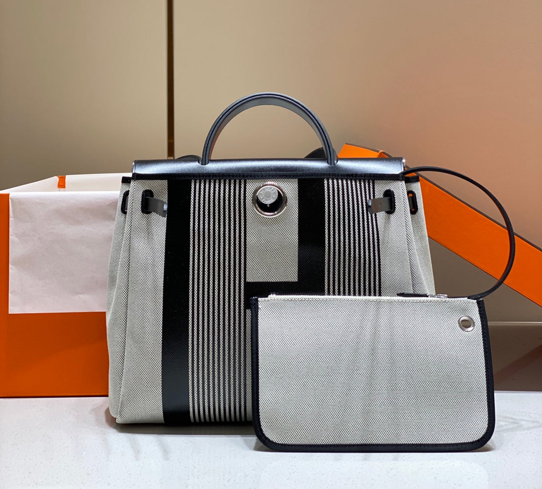 Hermes H084076CKAD Herbag Zip 31 Bag in Black Hunter Leather and Canvas H60047 - Default Title - View 3
