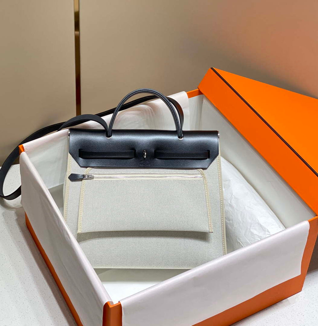 Hermes H084076CKAD Herbag Zip 31 Bag in Black Hunter Leather and Canvas H60048