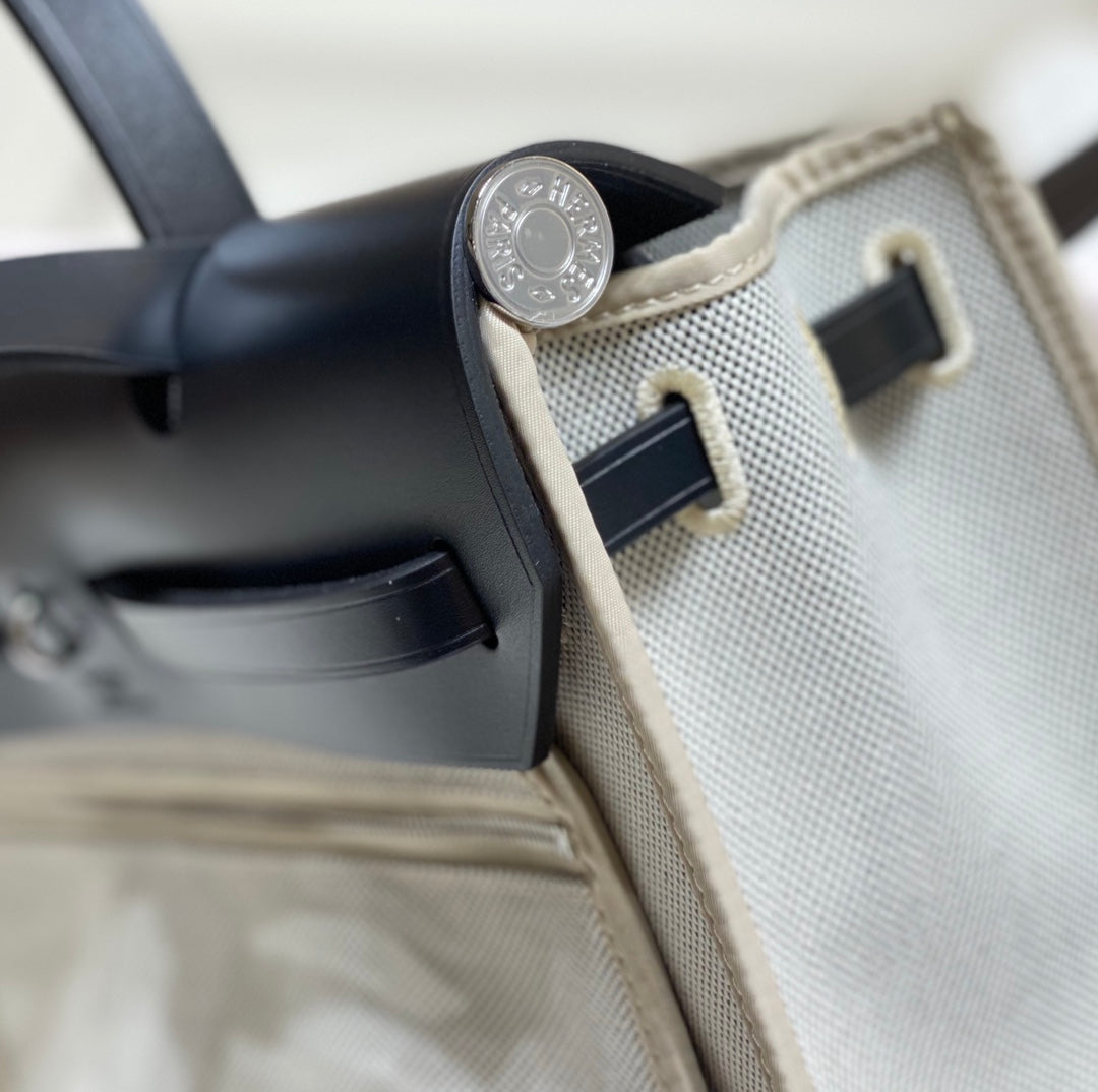 Hermes H084076CKAD Herbag Zip 31 Bag in Black Hunter Leather and Canvas H60048
