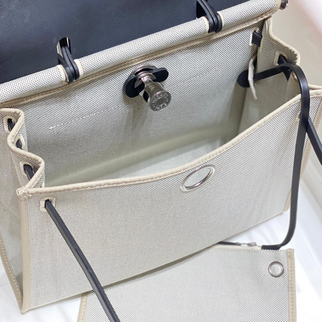 Hermes H084076CKAD Herbag Zip 31 Bag in Black Hunter Leather and Canvas H60048