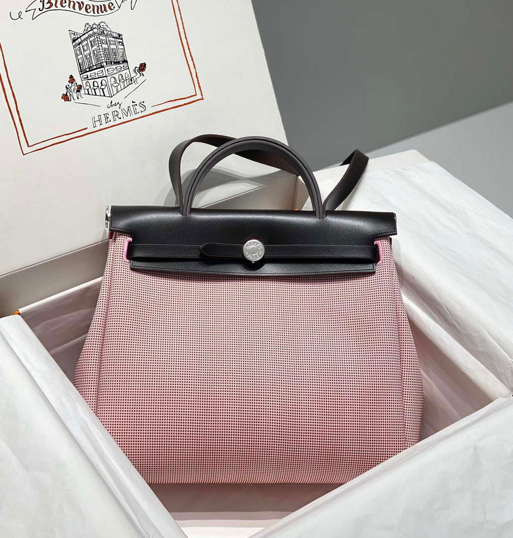 Hermes H084076CKAD Herbag Zip 31 Bag in Black Hunter Leather and Canvas H60056