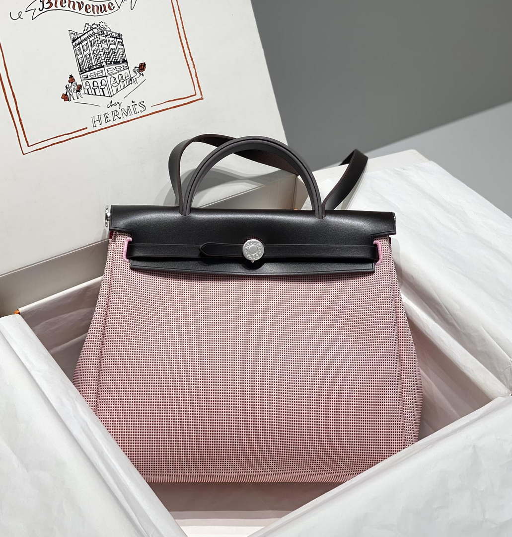 Hermes H084076CKAD Herbag Zip 31 Bag in Black Hunter Leather and Canvas H60056 - Default Title - View 1