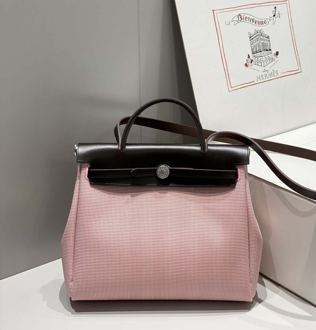Hermes H084076CKAD Herbag Zip 31 Bag in Black Hunter Leather and Canvas H60056