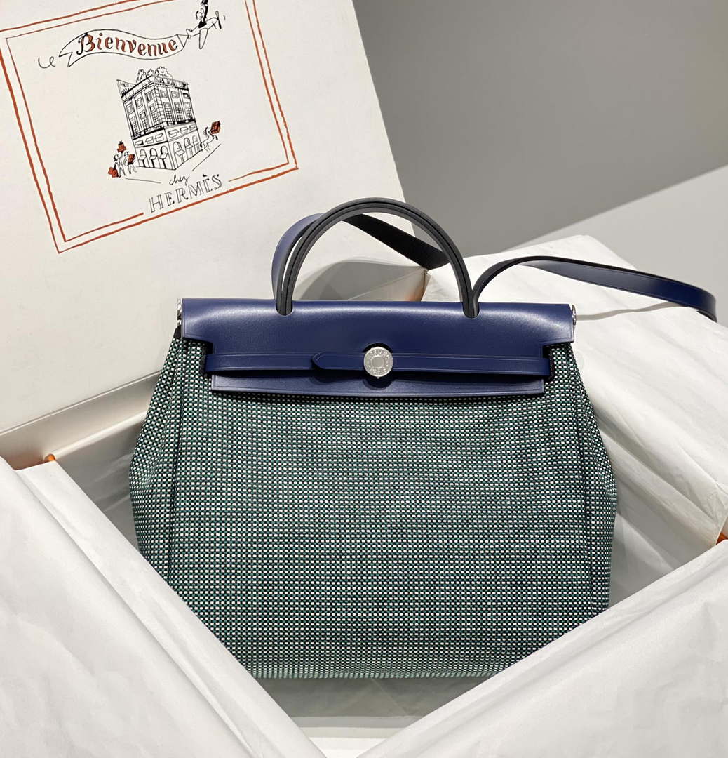 Hermes H084076CKAD Herbag Zip 31 Bag in Black Hunter Leather and Canvas H60057 - Default Title - View 1