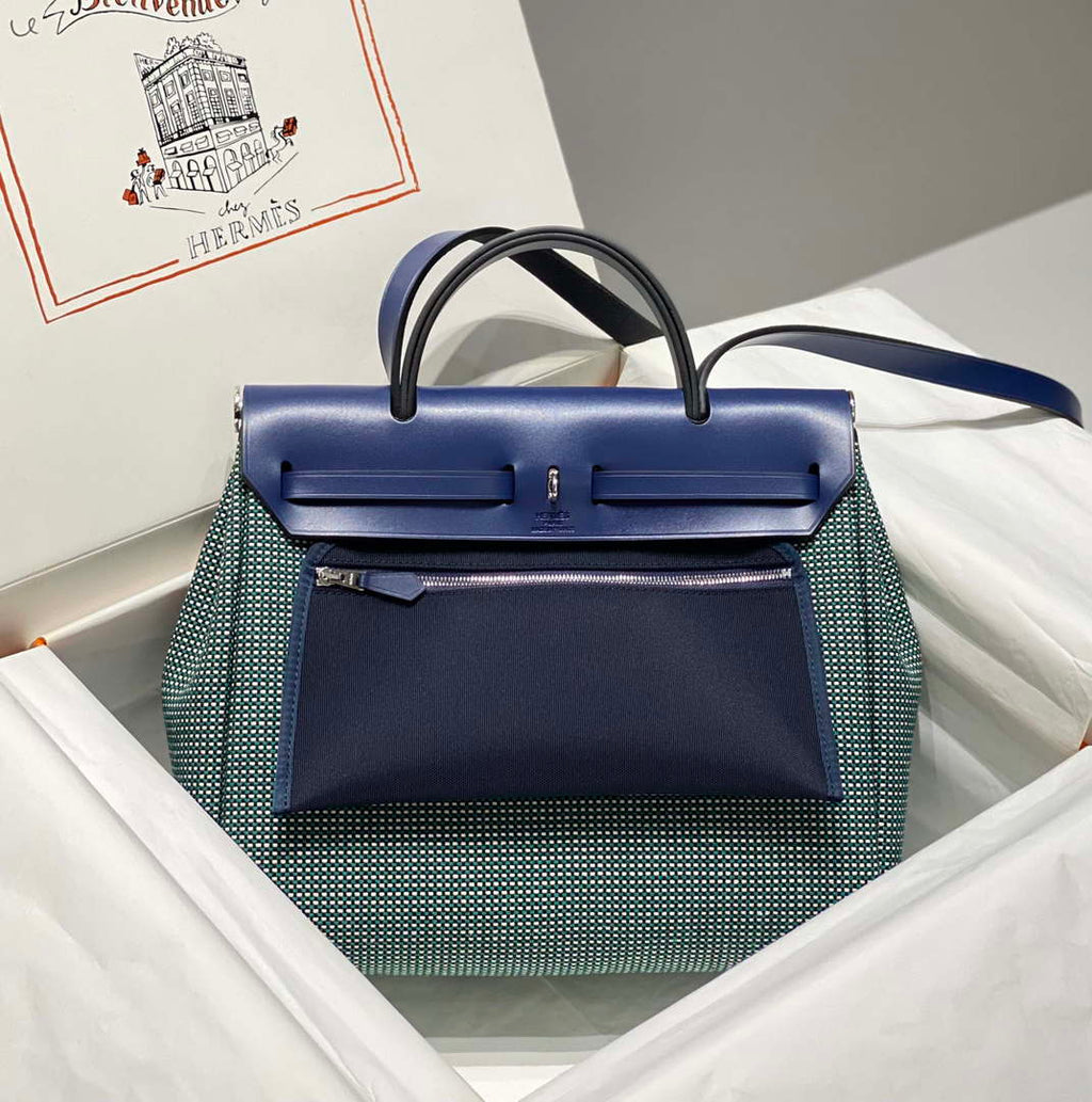 Hermes H084076CKAD Herbag Zip 31 Bag in Black Hunter Leather and Canvas H60057