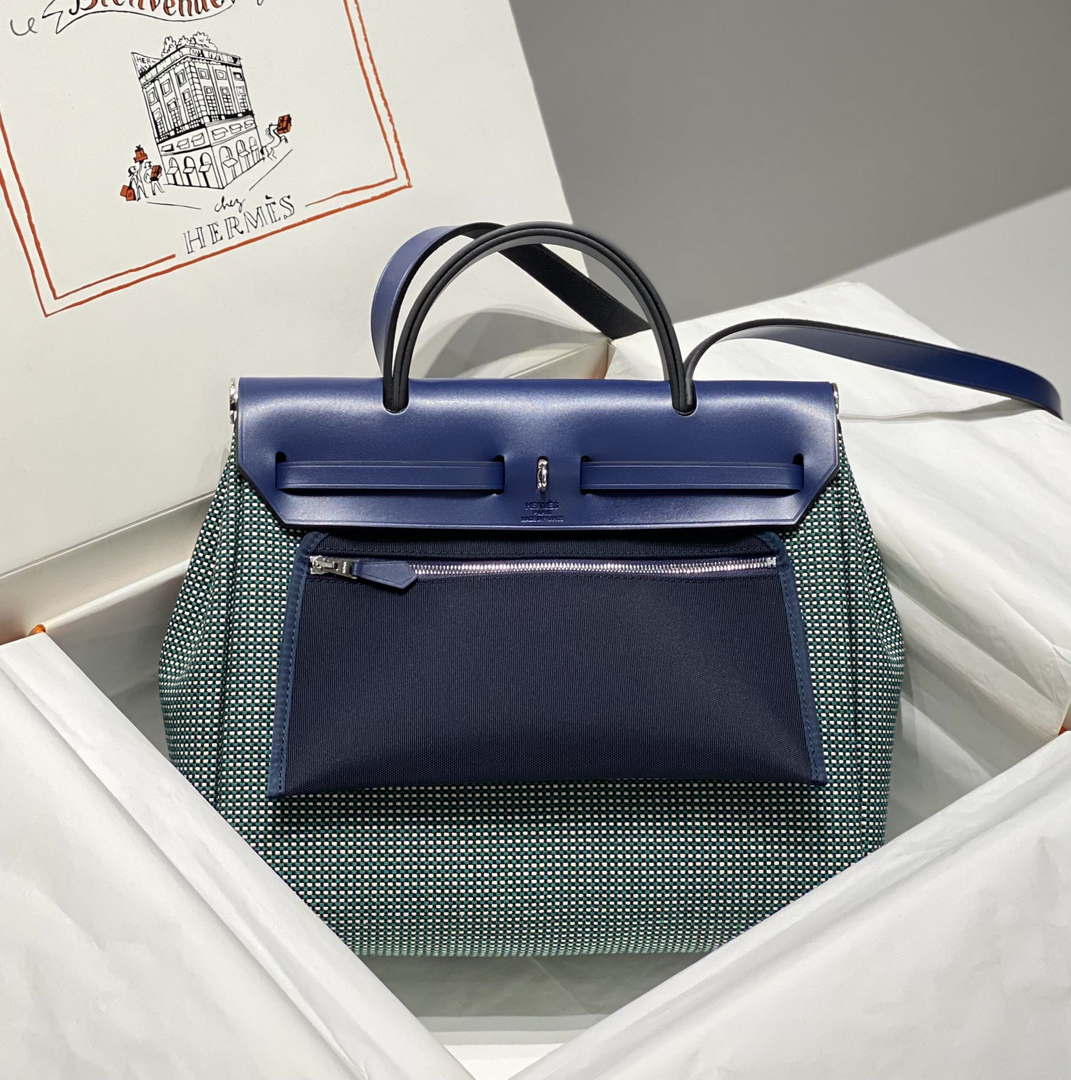 Hermes H084076CKAD Herbag Zip 31 Bag in Black Hunter Leather and Canvas H60057