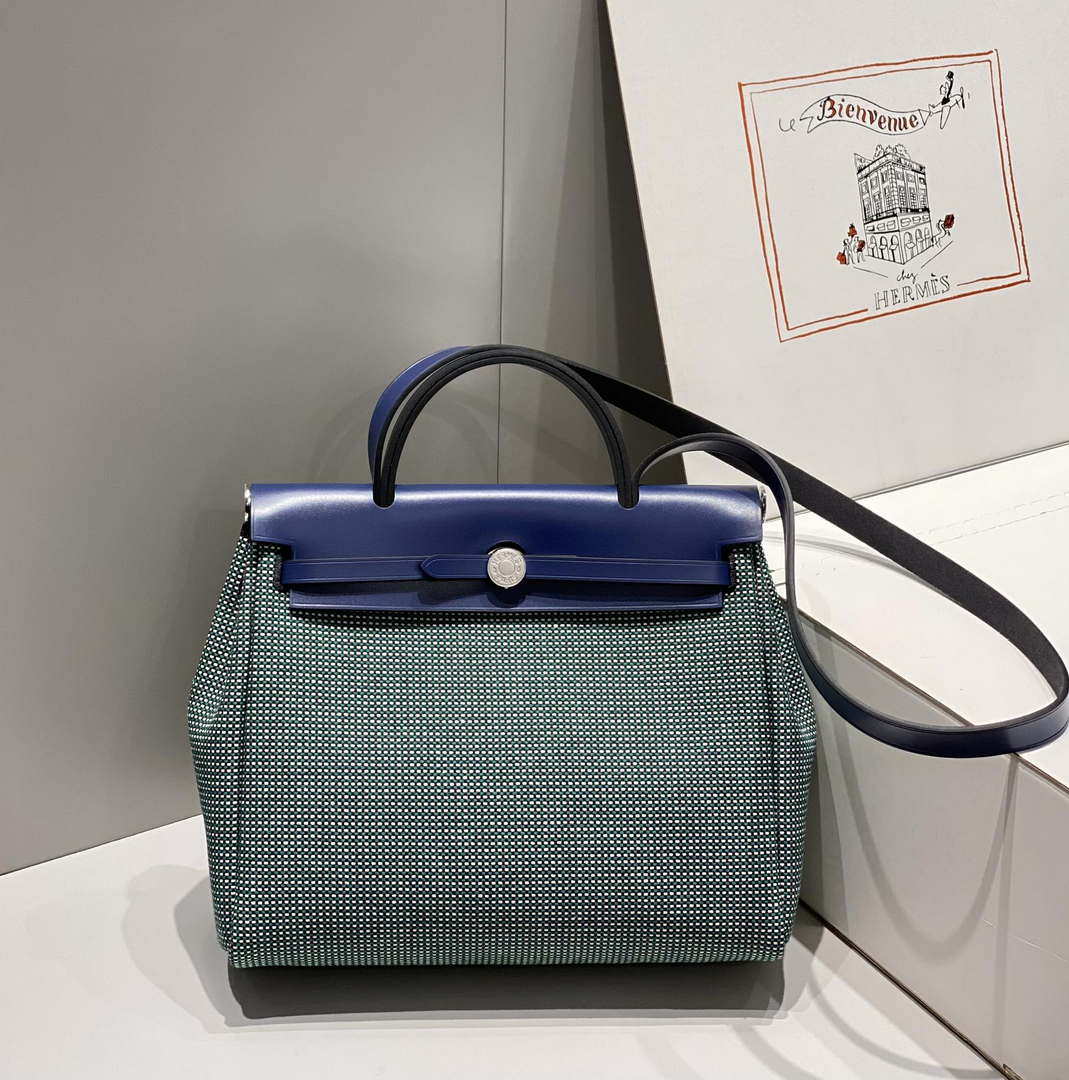 Hermes H084076CKAD Herbag Zip 31 Bag in Black Hunter Leather and Canvas H60057