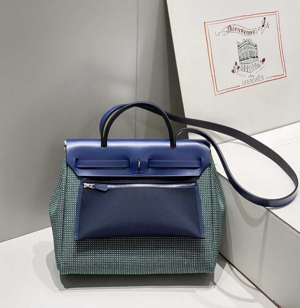 Hermes H084076CKAD Herbag Zip 31 Bag in Black Hunter Leather and Canvas H60057