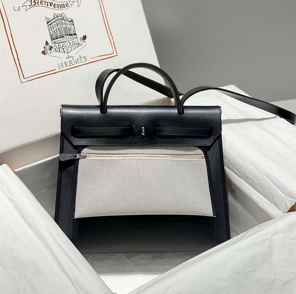 Hermes H084076CKAD Herbag Zip 31 Bag in Black Hunter Leather and Canvas H60058