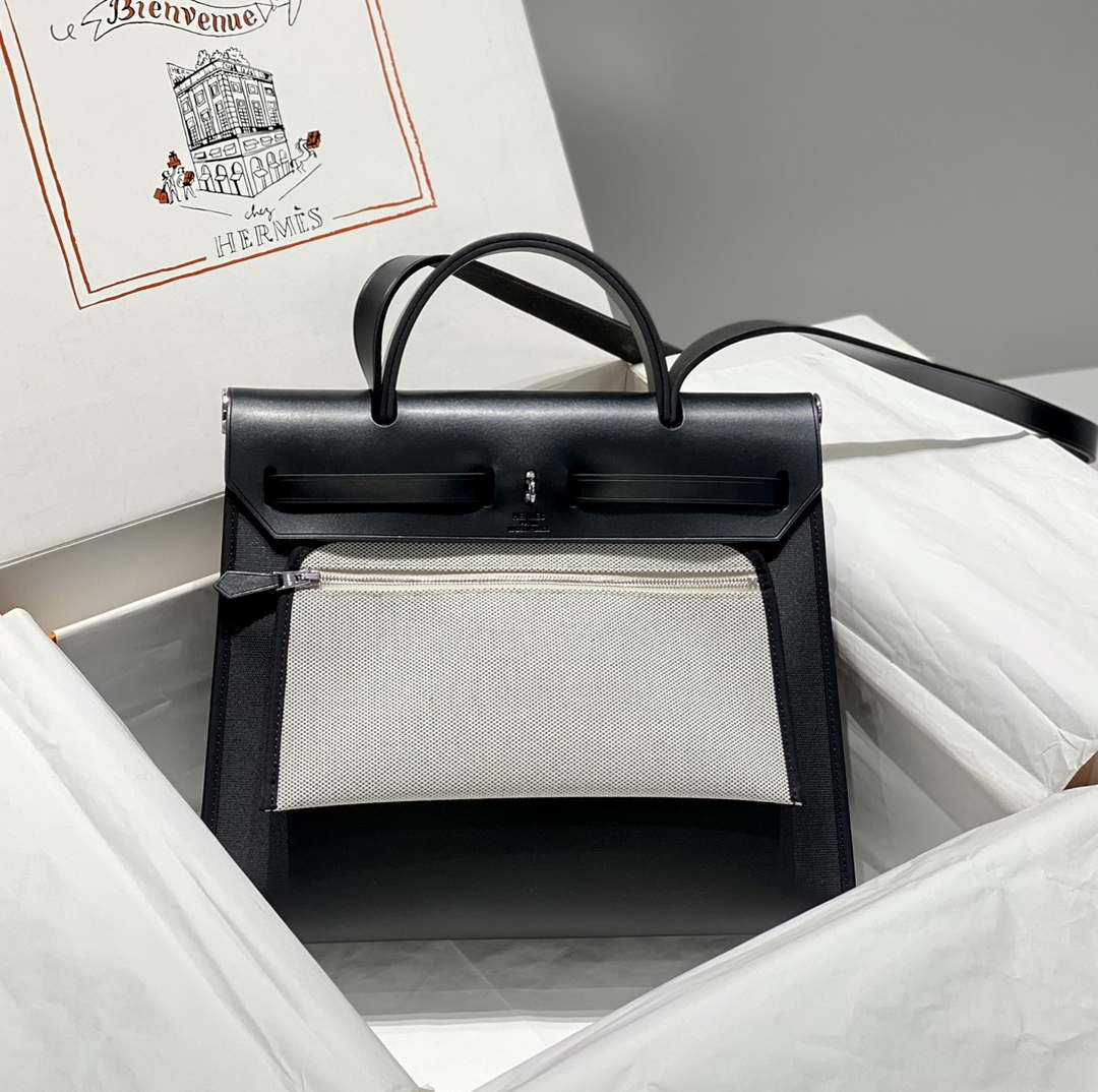 Hermes H084076CKAD Herbag Zip 31 Bag in Black Hunter Leather and Canvas H60058 - Default Title - View 6
