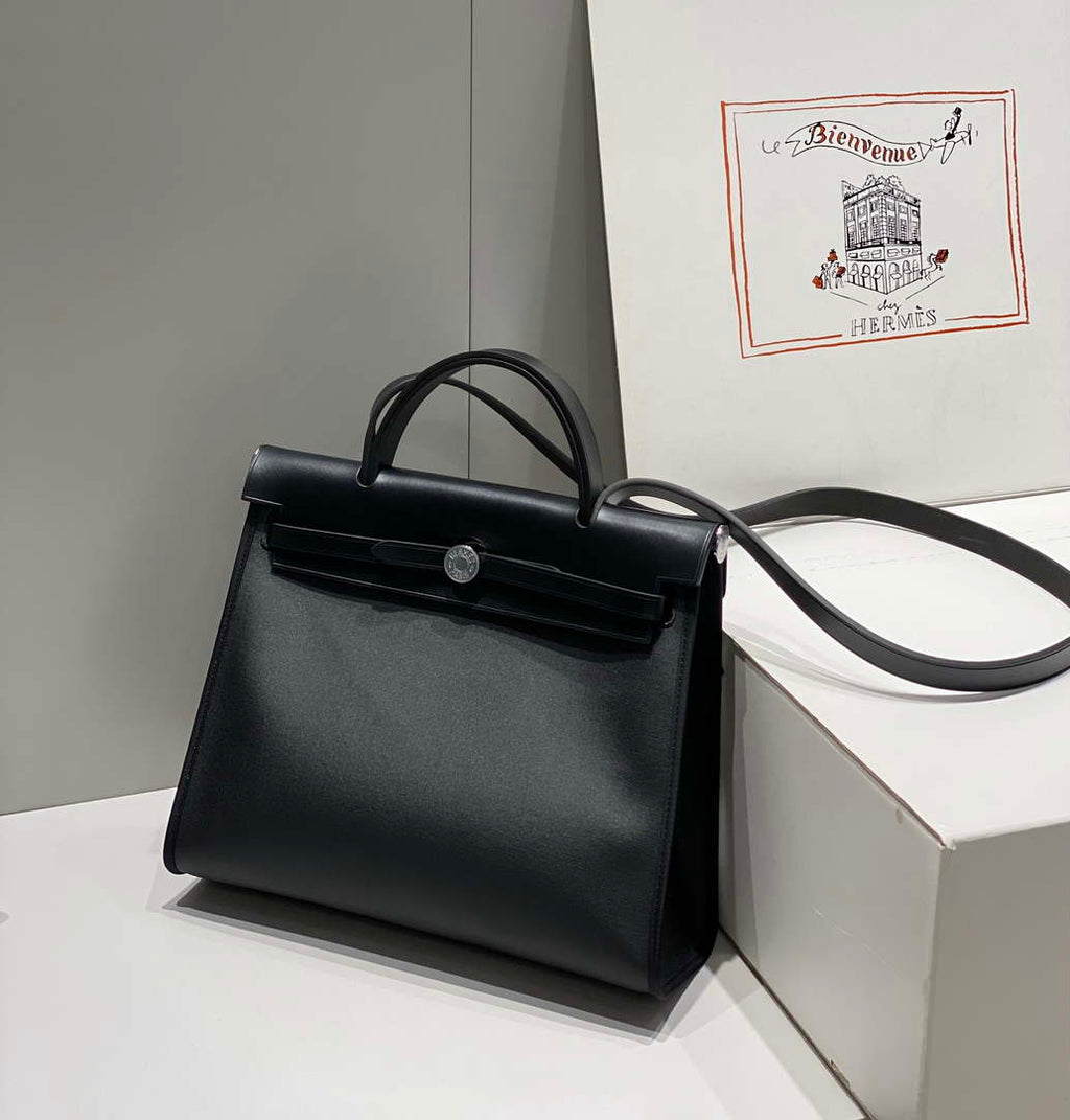 Hermes H084076CKAD Herbag Zip 31 Bag in Black Hunter Leather and Canvas H60058