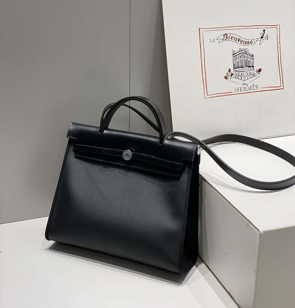 Hermes H084076CKAD Herbag Zip 31 Bag in Black Hunter Leather and Canvas H60058