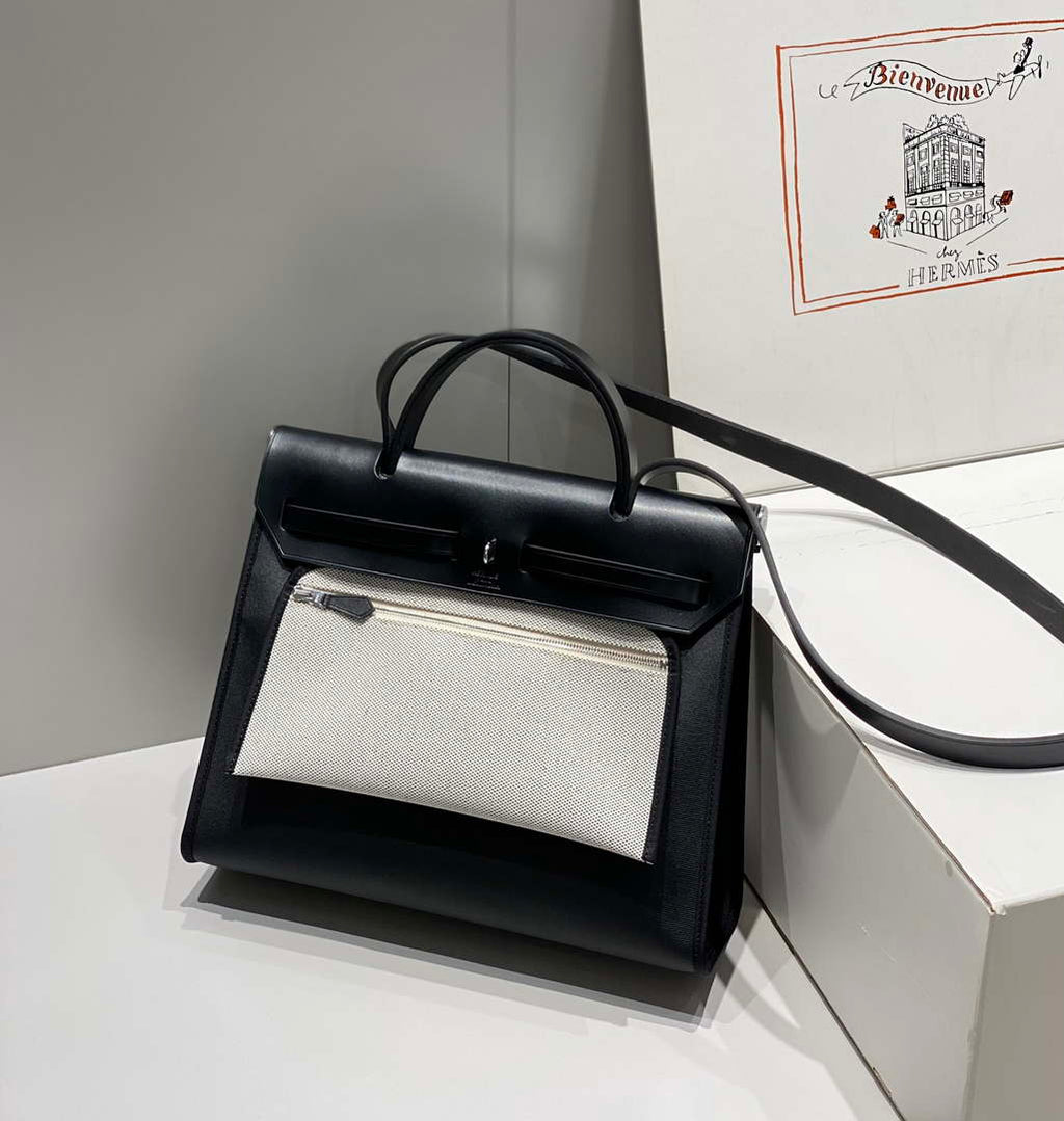 Hermes H084076CKAD Herbag Zip 31 Bag in Black Hunter Leather and Canvas H60058