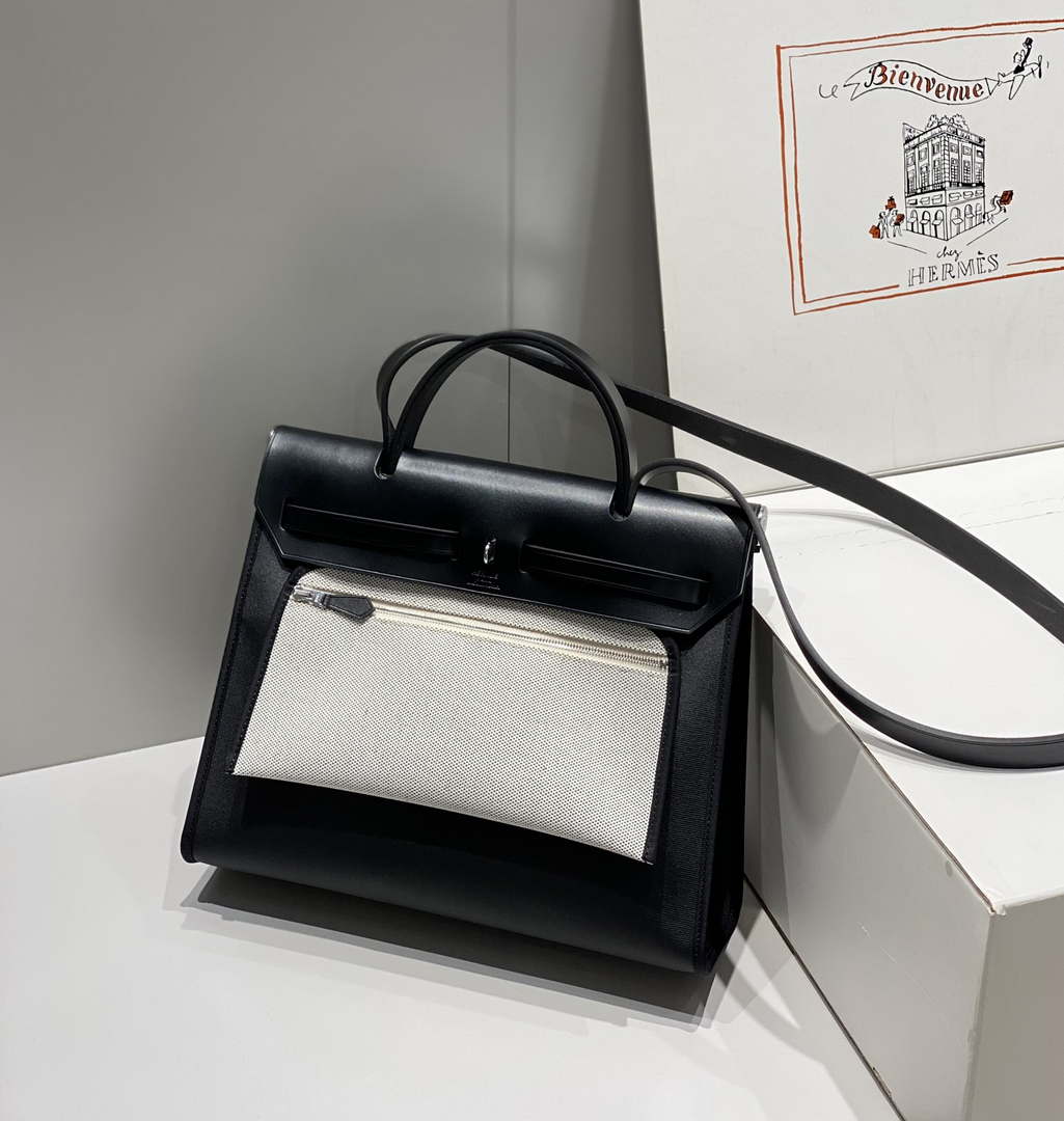 Hermes H084076CKAD Herbag Zip 31 Bag in Black Hunter Leather and Canvas H60058