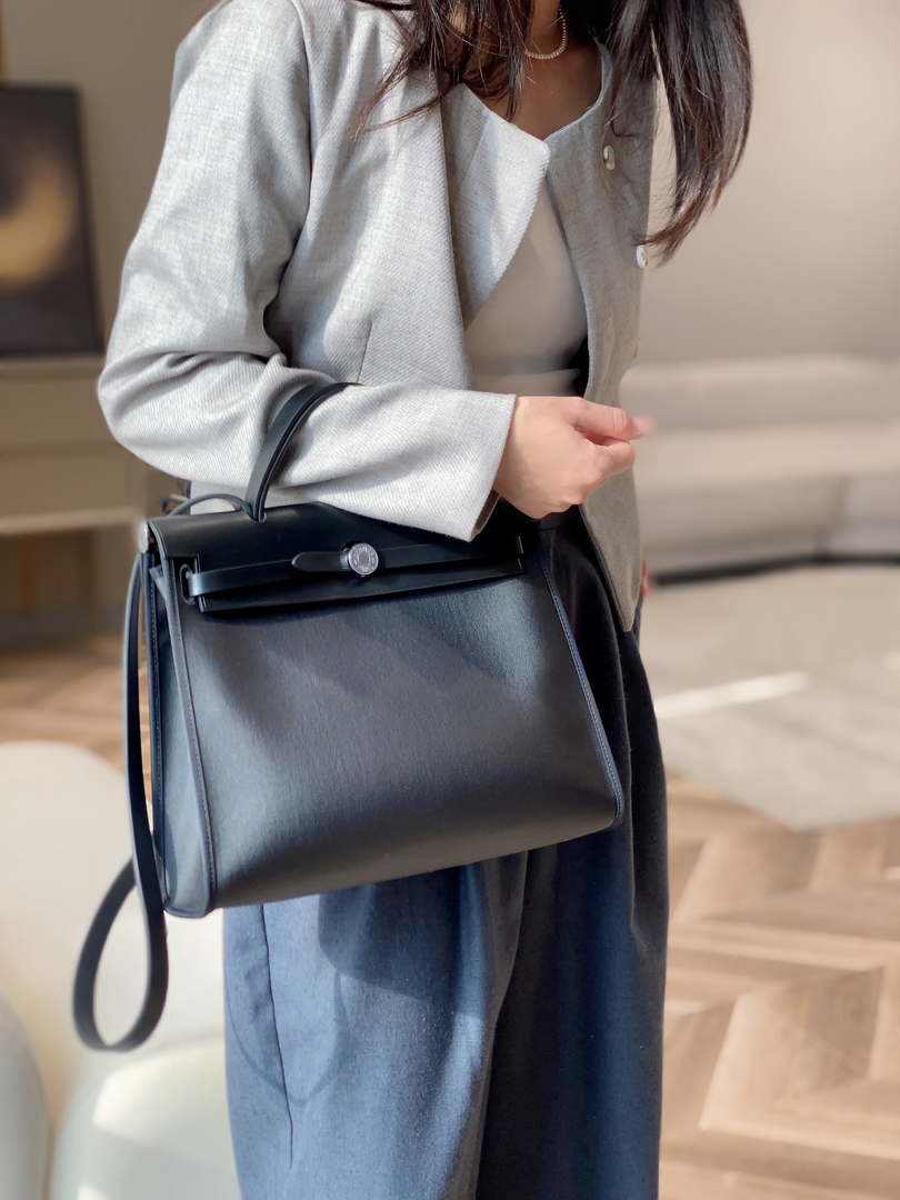 Hermes H084076CKAD Herbag Zip 31 Bag in Black Hunter Leather and Canvas H60058
