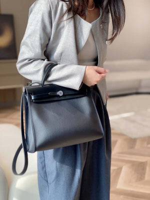 Hermes H084076CKAD Herbag Zip 31 Bag in Black Hunter Leather and Canvas H60058 - Default Title - View 14