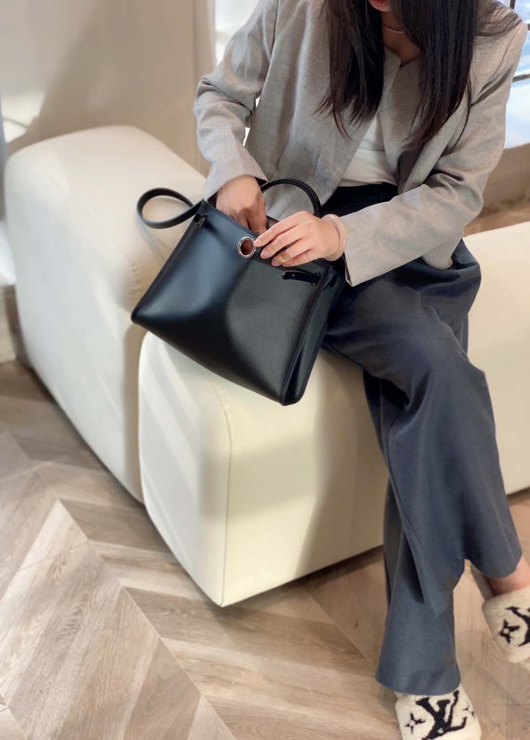Hermes H084076CKAD Herbag Zip 31 Bag in Black Hunter Leather and Canvas H60058