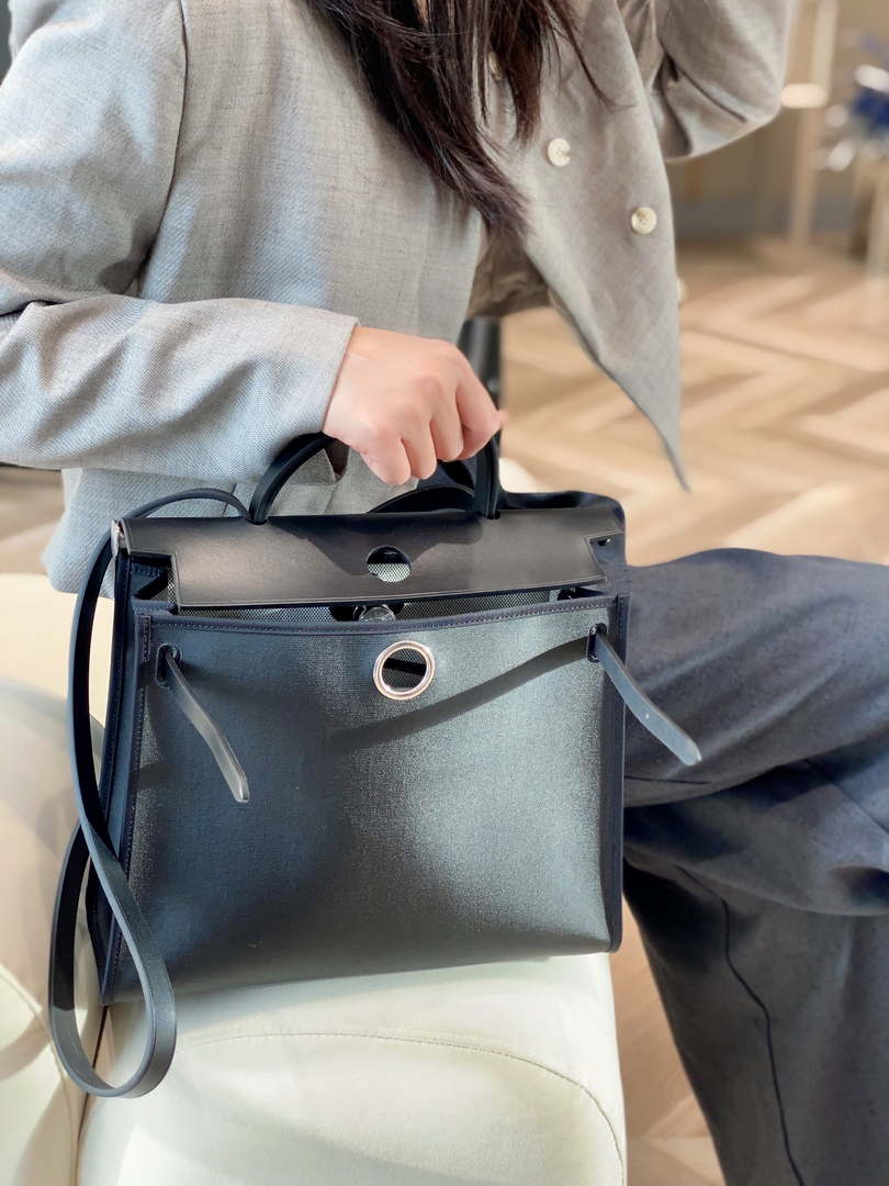Hermes H084076CKAD Herbag Zip 31 Bag in Black Hunter Leather and Canvas H60058