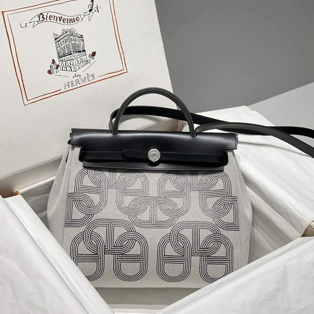 Hermes H084076CKAD Herbag Zip 31 Bag in Black Hunter Leather and Canvas H60062 - Default Title - View 1