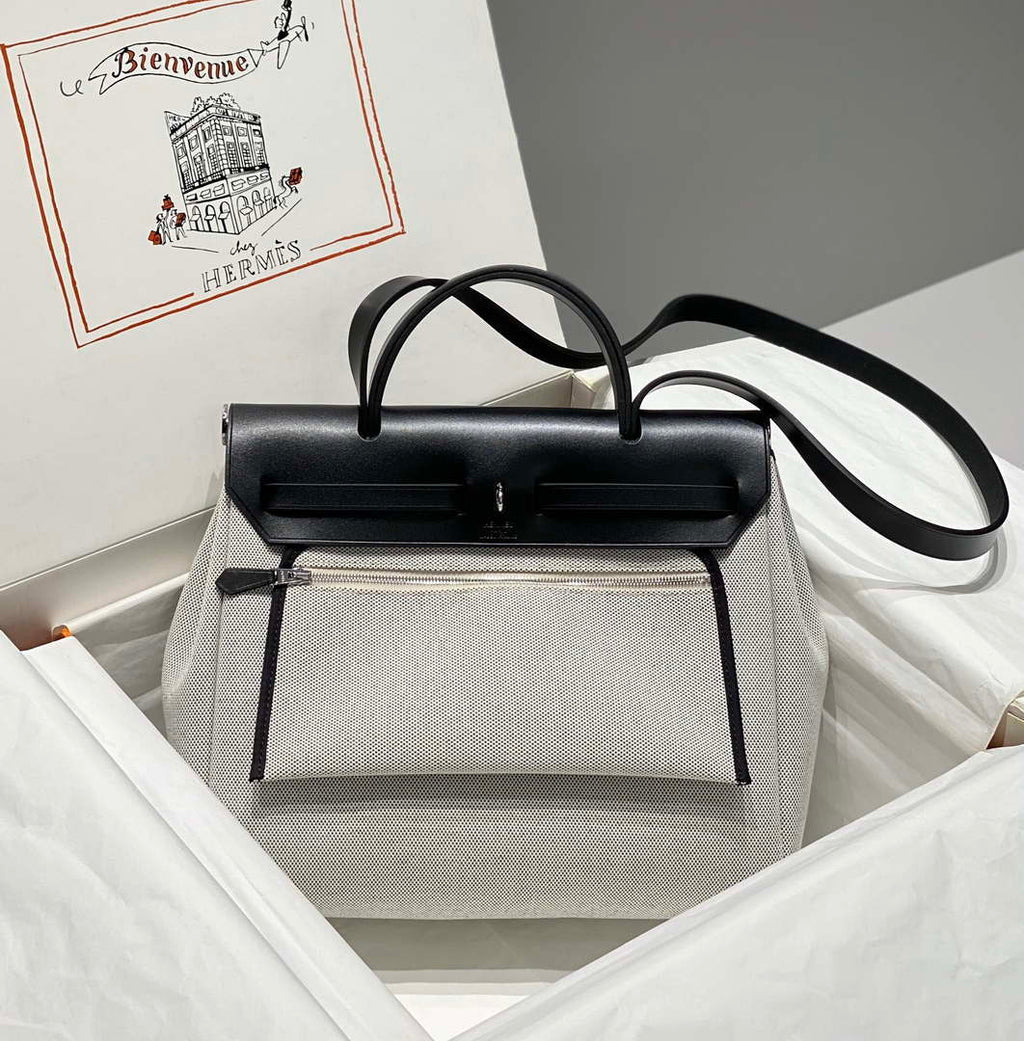 Hermes H084076CKAD Herbag Zip 31 Bag in Black Hunter Leather and Canvas H60062