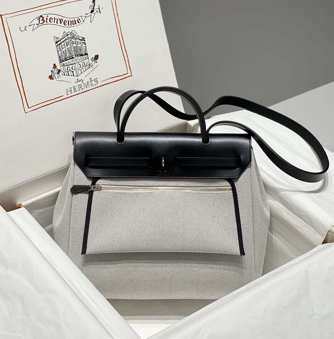 Hermes H084076CKAD Herbag Zip 31 Bag in Black Hunter Leather and Canvas H60062