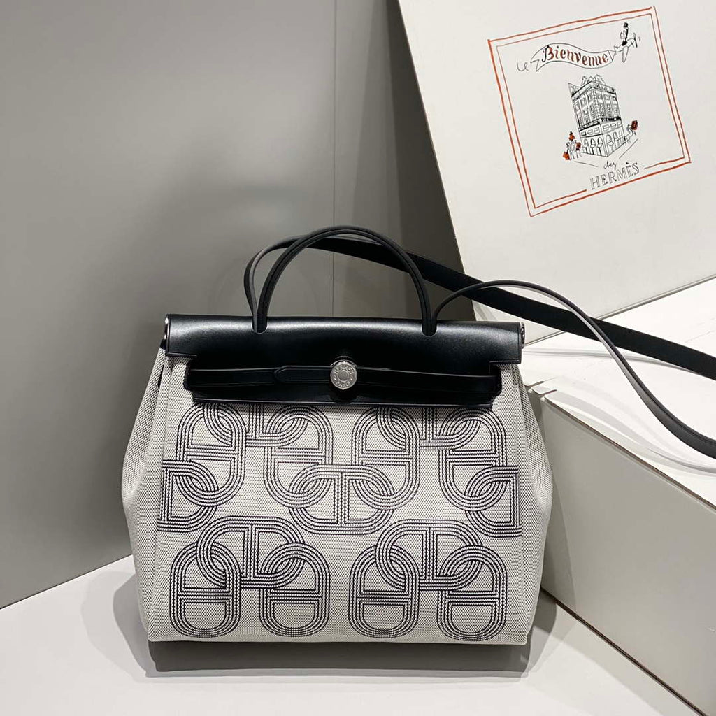 Hermes H084076CKAD Herbag Zip 31 Bag in Black Hunter Leather and Canvas H60062