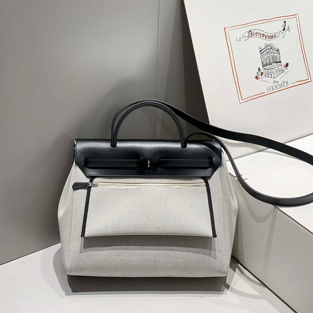 Hermes H084076CKAD Herbag Zip 31 Bag in Black Hunter Leather and Canvas H60062