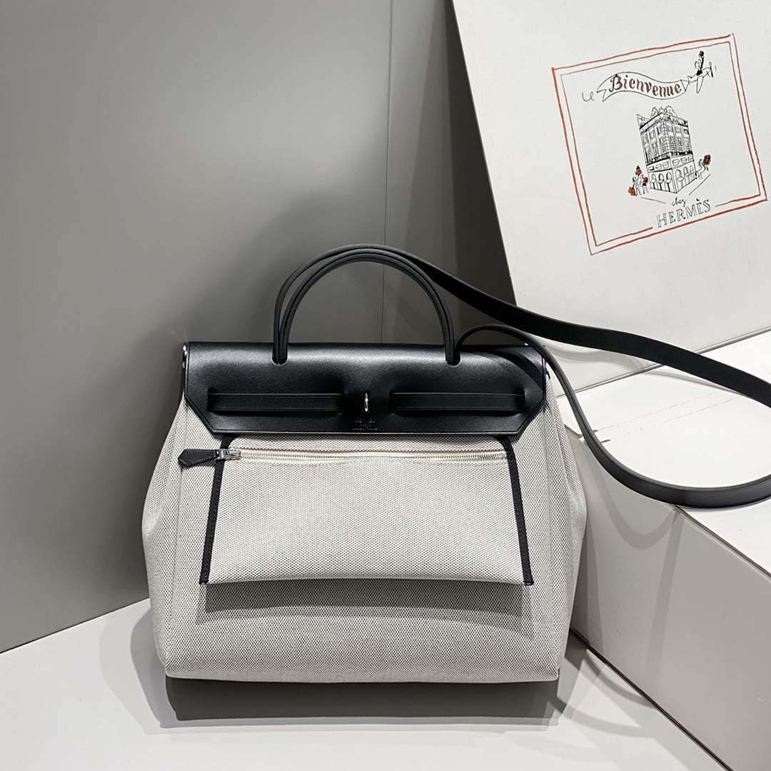 Hermes H084076CKAD Herbag Zip 31 Bag in Black Hunter Leather and Canvas H60062